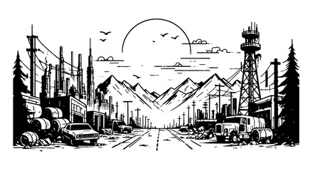 Obraz premium road to mountains with factories and trucks in industrial sunset scene