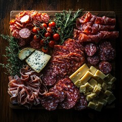 Rustic wooden charcuterie board with cheese cubes, cured meats, herbs, assorted snacks, cozy food presentation. Generative by AI