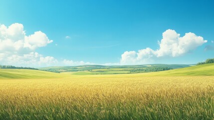 Obraz premium 4.A tranquil rural scene showing a vast field of fully mature rye, with rolling hills in the distance and a perfectly clear, bright blue sky overhead.
