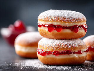  stacked powdered jelly donuts,