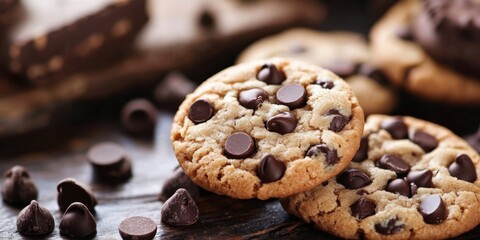 Fototapeta premium National Chocolate Chip Day Delicious homemade chocolate chip cookies on wooden table