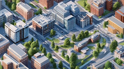 Cityscape aerial view, urban streets, buildings, parks. Possible use Stock photo for architectural, urban planning, or tourism purposes