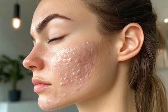 Natural woman with skin imperfections, close-up of face showing real acne and pores, minimal background, skincare concept with authenticity and unretouched beauty focus

