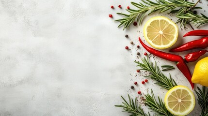 Fresh herbs, spices, and citrus fruits on a textured surface, ideal for a food blog or recipe
