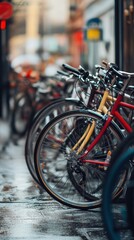 Obraz premium National Bike Week Row of colorful bicycles on wet sidewalk in urban setting