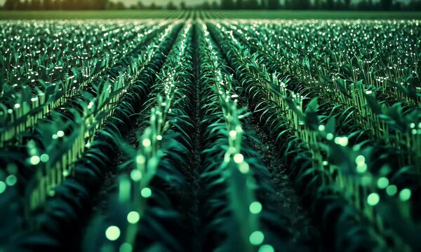 Lush green cornfield rows stretching towards the horizon under a soft evening light