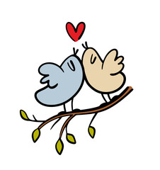 Two doodle  birds in love are sitting on a branch in the forest. Romantic vector illustration of wild animals in a garden. Cartoon pet creates a family.