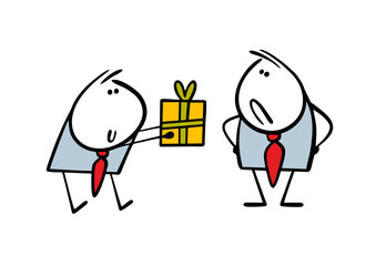 Subordinate hands the boss a gift box. Vector illustration of a disgruntled colleague's birthday. A party at the office at work. Cartoon people isolated on a white background.