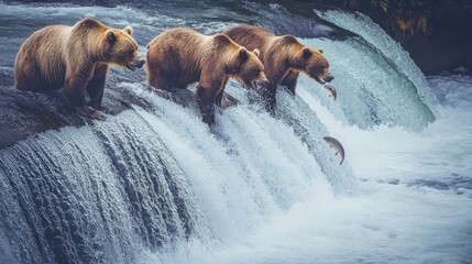 Grizzly bears fishing salmon waterfall Alaskan wilderness