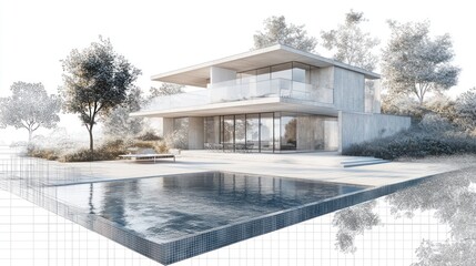 Modern House by Pool, Architectural Design, Sketch