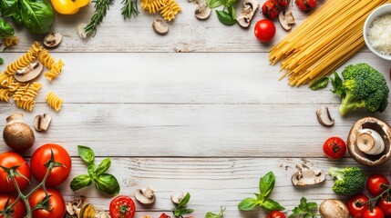 Colorful pasta and vegetables on a white wooden table, ready for cooking.  Use  food photography, cooking blog, recipe inspiration