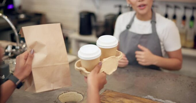 Hands, waitress and giving order at cafe for takeaway package, customer service and confirm purchase. Woman, serving espresso and collect fast food, consumer checkout and hospitality industry at shop