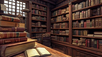 Antique Books and Wooden Bookshelves in a Historical Library