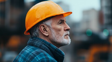 Experienced construction worker in safety helmet observing urban environment during cloudy day