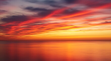 Sunset on red yellow sky back soft evening cloud over sea