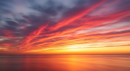 Sunset on red yellow sky back soft evening cloud over sea