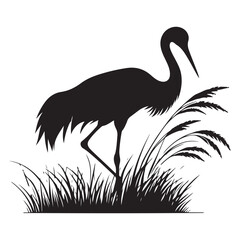Elegant Crane Bird Silhouette Vector Illustration with Grass Design