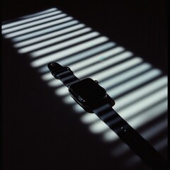 Sleek smartwatch rests in dramatic light and shadow, striped pattern.
