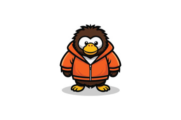 Fototapeta premium A Cartoon Penguin Character with Brown Feathers and Orange Hoodie, Standing Comfortably Against a White Background, Radiating a Friendly and Playful Vibe.