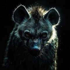 Obraz premium Hyena walking through dark ground with glowing fur and piercing look in intense wild setting. Generative by AI