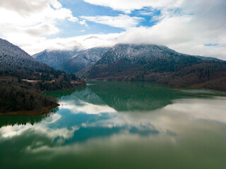 Aerial View of Lake Plastiras and Forested Hills in Greece