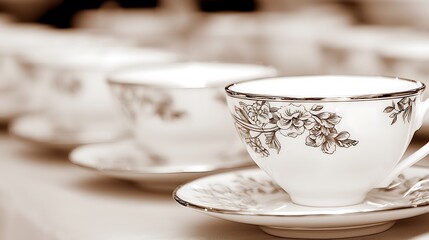 Elegant Sepia Toned Teacups with Delicate Floral Patterns