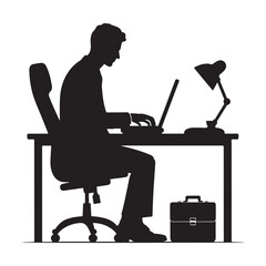 Man Working on Laptop at Desk Silhouette Illustration Image