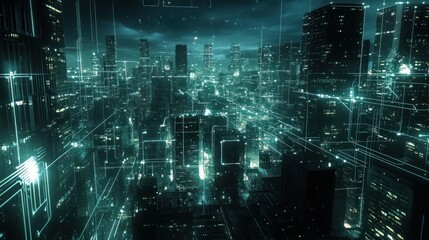 Futuristic city at night, digital network overlay, urban skyline, aerial view, technology, possible use in science fiction films or presentations