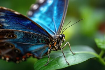 A beautiful butterfly with detailed wings rests on a green leaf