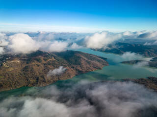 Aerial View of Lake Plastiras and Forested Hills in Greece
