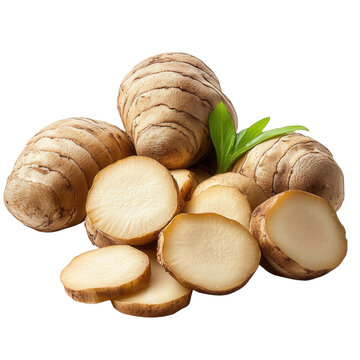 jicama root on white background with green leaves.