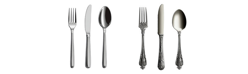 silver cutlery set on white background.