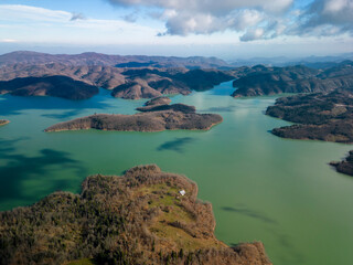 Aerial View of Lake Plastiras and Forested Hills in Greece