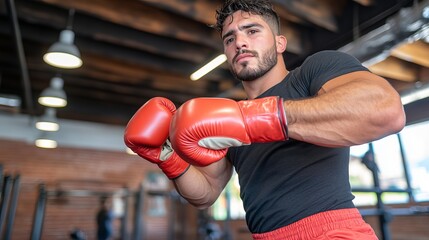 Focused Hispanic man in a black shirt and red boxing gloves prepares for a sparring session in a gym.