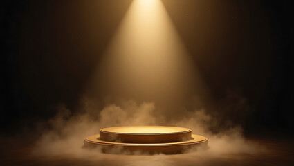Illuminated Circular Podium with Golden Light and Mist
