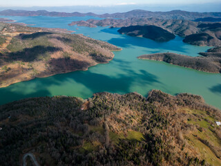 Aerial View of Lake Plastiras and Forested Hills in Greece