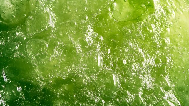Close-up of a green, viscous, textured substance with air bubbles.