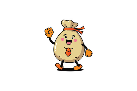 Cheerful Money Bag Cartoon Character with Tie and Ribbon, Walking Confidently Against a Clean White Background, Representing Prosperity and Success.