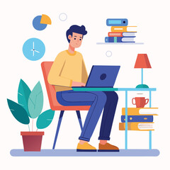 a boy is using his laptop vector