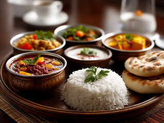  thali with various dishes, p: a traditional indian thali,