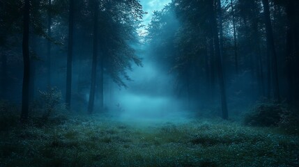 Obraz premium Enigmatic Night Forest: Deep Teal Mist, Mysterious Path