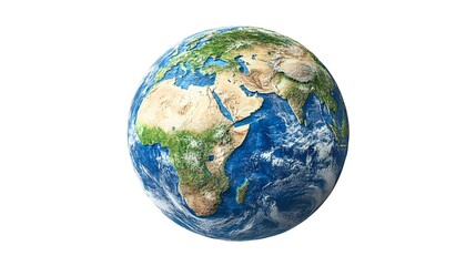 Fototapeta premium A detailed 3D rende of planet Earth showcasing continents oceans and atmospheric details against a pure white background.