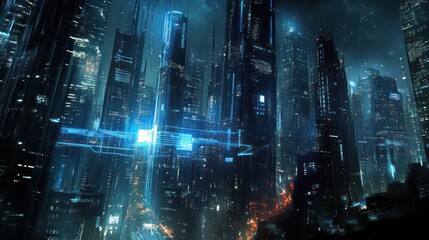 Futuristic city at night, glowing skyscrapers, urban scene, digital art, stock photo