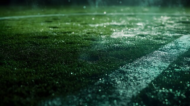 Wet grass field with white lines under lights.
