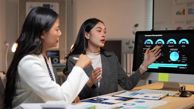 Professional businesswomen analyzing consumer demographics while pointing at charts and graphs displayed on computer screen during collaborative marketing strategy meeting