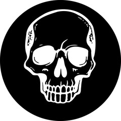 Monochromatic skull illustration, set against a stark black circular backdrop