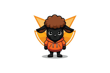 Fototapeta premium Charming Black Sheep Mascot in Orange Hoodie, Framed by Geometric Orange Wings, Stands Out on a Crisp White Canvas.