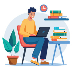 a boy is using his laptop vector