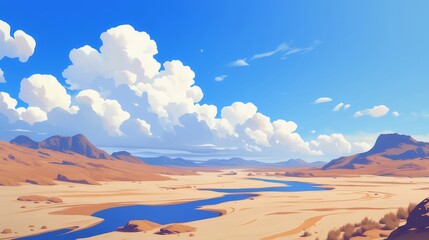Vibrant Blue River Flowing Through Sandy Desert Landscape Under Bright Sky With Fluffy White Clouds and Distant Brown Mountain Range Pixelated Art