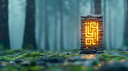 Obraz premium Enigmatic stone monument glowing with intricate patterns amidst a misty forest landscape
